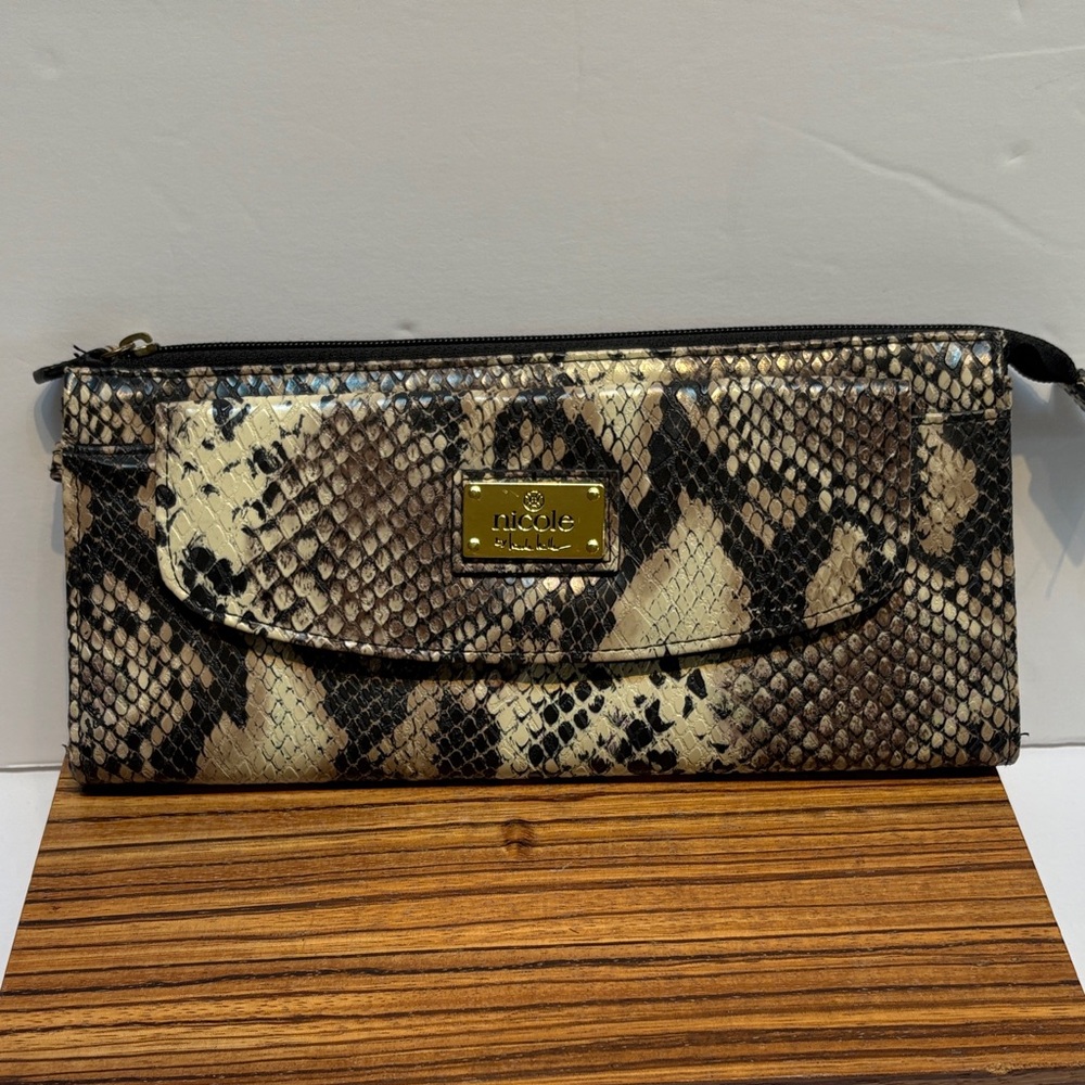 Nicole Miller “Kate” Flap Snake Print Clutch/ Wallet